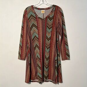 HAND JIVE Artsy/Boho Fit & Flare V-Neck Chevron Multi Autumnal Color Dress SZ M